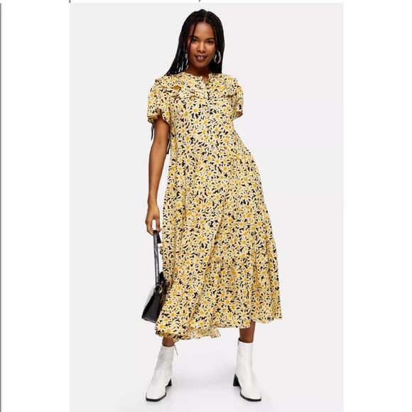 NEW TOPSHOP Yellow Daisy Grandad Midi Shirt Dress Floral Yellow Dress Size 2 - Picture 12 of 12